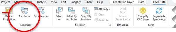 Transform button on CAD Data ribbon tab Transform button on CAD Data ribbon tab