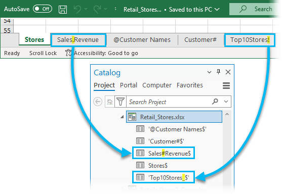 A comparison of two worksheet names as they appear in Excel and in ArcGIS Pro. A comparison of two worksheet names as they appear in Excel and in ArcGIS Pro.