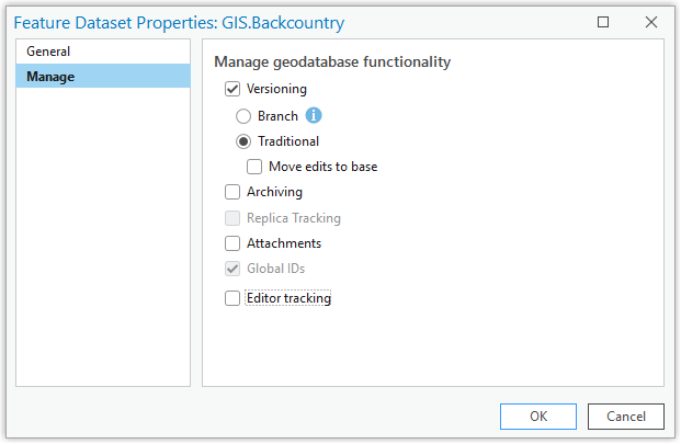 Manage tab on the Feature Dataset Properties dialog box Manage tab on the Feature Dataset Properties dialog box