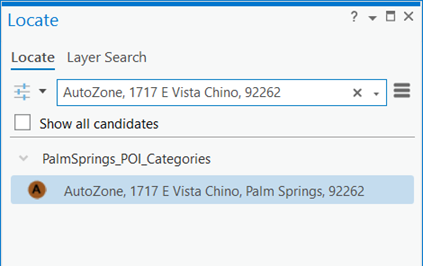 Result of POI place name search with complete address and postal code in the Locate pane Result of POI place name search with complete address and postal code in the Locate pane
