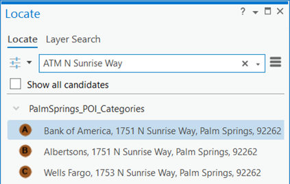 Result of POI category search with street name in the Locate pane Result of POI category search with street name in the Locate pane