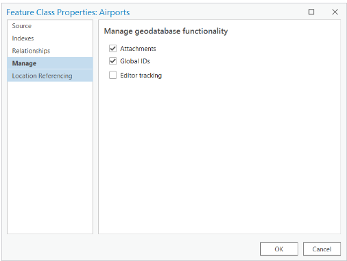Feature Class Properties window with Attachments and Global IDs checked Feature Class Properties window with Attachments and Global IDs checked