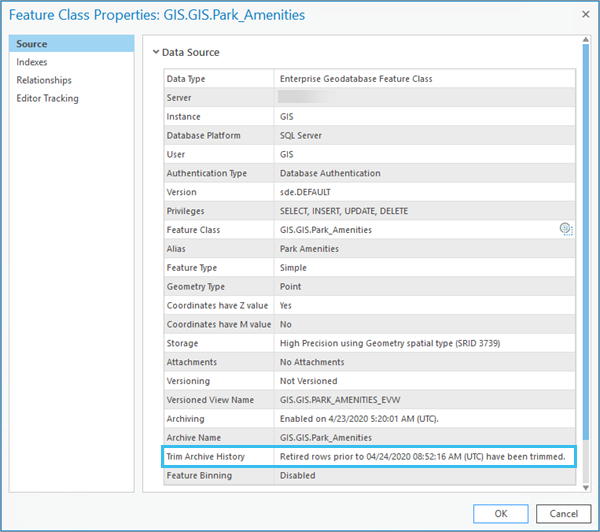 The feature class properties display when the Trim Archive History geoprocessing tool was last run. The feature class properties display when the Trim Archive History geoprocessing tool was last run.