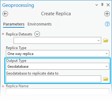 When using the Create Replica geoprocessing tool, the Output Type can be set to Geodatabase, XML, or New file geodatabase. When using the Create Replica geoprocessing tool, the Output Type can be set to Geodatabase, XML, or New file geodatabase.