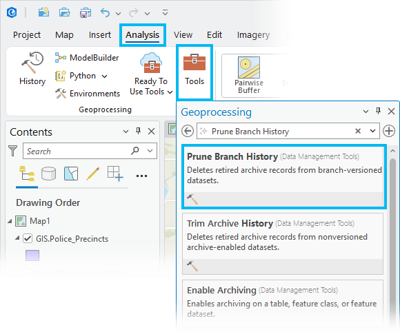 Prune Branch History tool under the Analysis tab, Tools, and Geoprocessing Prune Branch History tool under the Analysis tab, Tools, and Geoprocessing