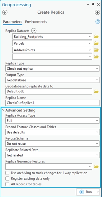 Advanced Setting in the Create Replica tool Advanced Setting in the Create Replica tool