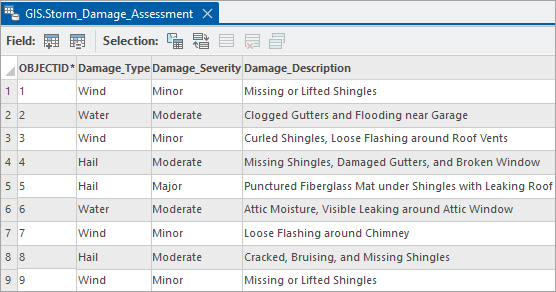 The GIS.Storm_Damage_Assessment table before a full-text index is applied The GIS.Storm_Damage_Assessment table before a full-text index is applied