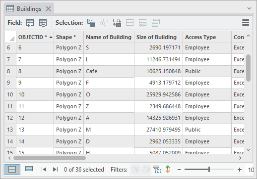 The attribute table for the Buildings layer The attribute table for the Buildings layer