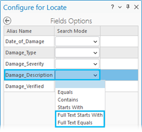 Full text search mode options when configuring for Locate view in the Locate pane Full text search mode options when configuring for Locate view in the Locate pane