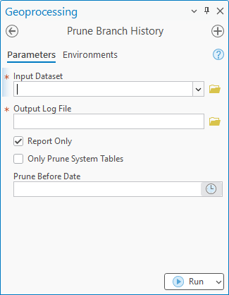 Prune Branch History geoprocessing tool dialog box Prune Branch History geoprocessing tool dialog box