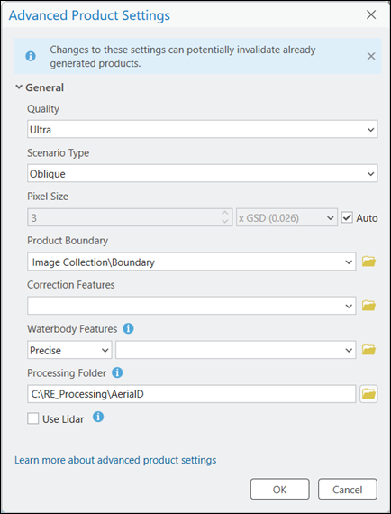 Advanced Product Settings dialog box for generating a point cloud Advanced Product Settings dialog box for generating a point cloud