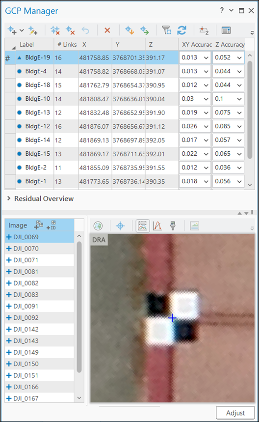 Tie point selection in the GCP Manager window Tie point selection in the GCP Manager window