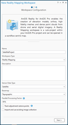 New Reality Mapping Workspace wizard Workspace Configuration page New Reality Mapping Workspace wizard Workspace Configuration page