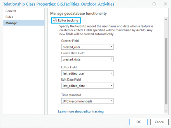 The Editor tracking tab is accessible from the Relationship Class Properties dialog box. The Editor tracking tab is accessible from the Relationship Class Properties dialog box.