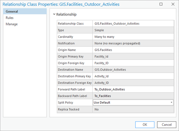 The General tab on the Relationship Class Properties dialog box The General tab on the Relationship Class Properties dialog box