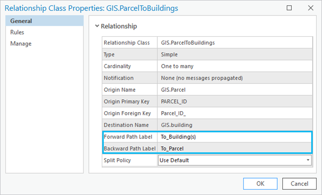 Updated Forward Path Label and Backward Path Label names displayed on the Relationship Class Properties dialog box Updated Forward Path Label and Backward Path Label names displayed on the Relationship Class Properties dialog box