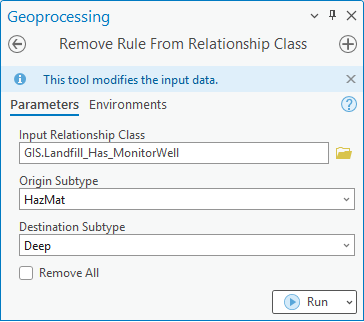 Remove Rule From Relationship Class geoprocessing tool dialog box Remove Rule From Relationship Class geoprocessing tool dialog box