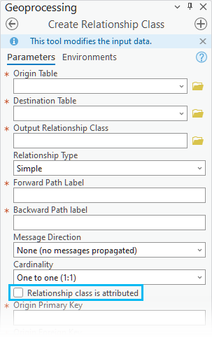 Relationship class is attributed check box on the Create Relationship Class geoprocessing tool Relationship class is attributed check box on the Create Relationship Class geoprocessing tool