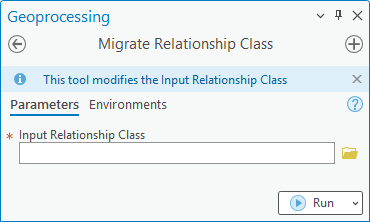 Migrate Relationship Class geoprocessing tool dialog box Migrate Relationship Class geoprocessing tool dialog box