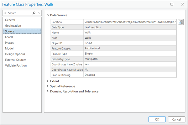 Source tab in the Feature Class Properties pane Source tab in the Feature Class Properties pane