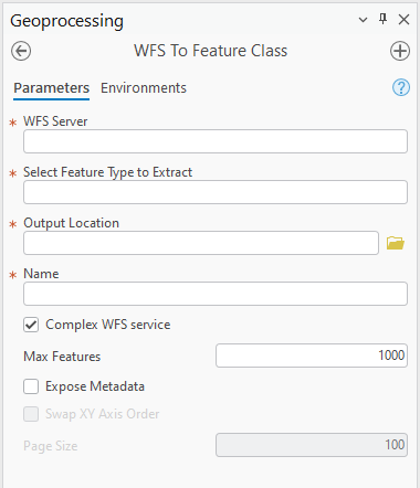 The WFS To Feature Class geoprocessing tool dialog box The WFS To Feature Class geoprocessing tool dialog box