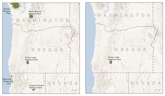 Side-by-side images of the same map series page of Oregon comparing one in which all national parks in the map extent are shown to one in which only the national parks in Oregon appear Side-by-side images of the same map series page of Oregon comparing one in which all national parks in the map extent are shown to one in which only the national parks in Oregon appear