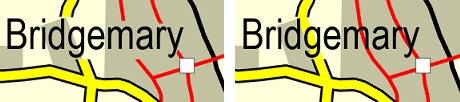 A comparison of a map with road symbols completely masked and road symbols with only casings masked A comparison of a map with road symbols completely masked and road symbols with only casings masked