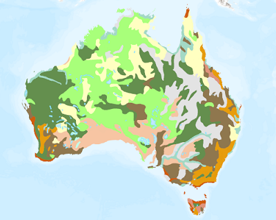 A map of Australia showing soil types in different colors A map of Australia showing soil types in different colors