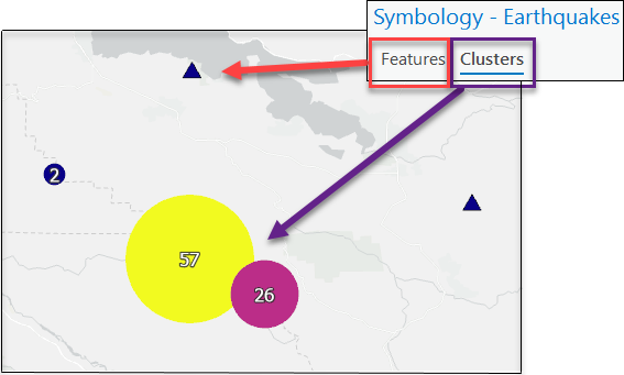 Clustered feature layers have two symbologies: one for feature, and one for clusters. Clustered feature layers have two symbologies: one for feature, and one for clusters.