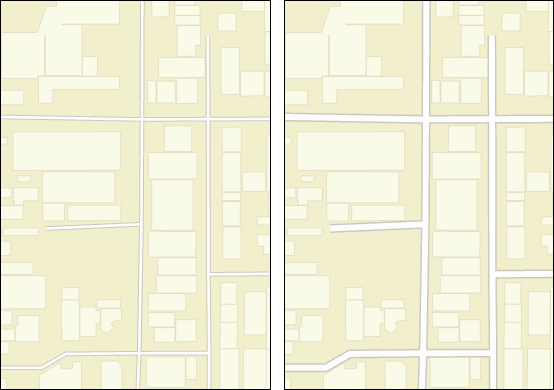 A comparison of buildings and streets at 1:4,000 with sizing variation applied on the right A comparison of buildings and streets at 1:4,000 with sizing variation applied on the right