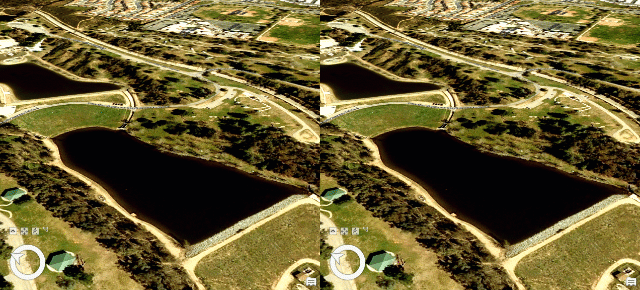 Side-by-side images show the difference between a best case and worst case rainfall scenario involving a dam. Side-by-side images show the difference between a best case and worst case rainfall scenario involving a dam.