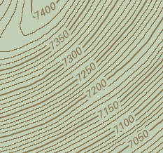 Index contours labeled with the Contour placement style Index contours labeled with the Contour placement style