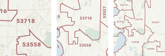 Three labeled maps show the label size changing at different scales. Three labeled maps show the label size changing at different scales.