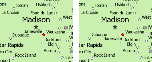 Two labeled maps comparing the placement of a label in an ambiguous position and in a clearer position Two labeled maps comparing the placement of a label in an ambiguous position and in a clearer position