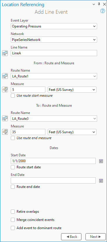Add Line Event pane with route and measure and dates options Add Line Event pane with route and measure and dates options