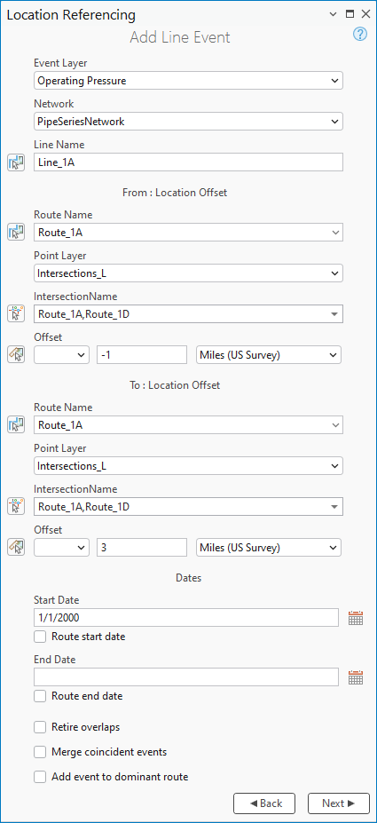 Add Line Event pane with Location Offset sections Add Line Event pane with Location Offset sections