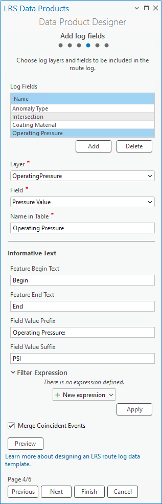 Choose log layers and fields to be included in the route log Choose log layers and fields to be included in the route log