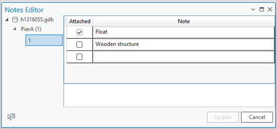 Notes Editor pane with an unchecked check box next to the note that will be detached from the selected feature or features Notes Editor pane with an unchecked check box next to the note that will be detached from the selected feature or features