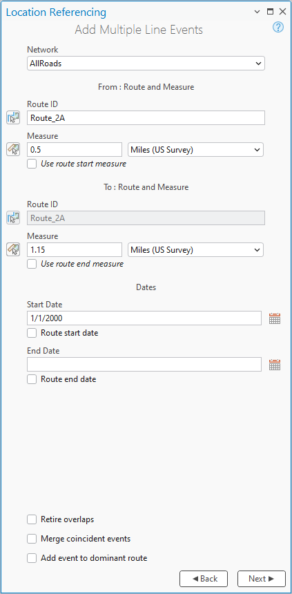 Add Multiple Line Events pane with route and measure and dates options Add Multiple Line Events pane with route and measure and dates options