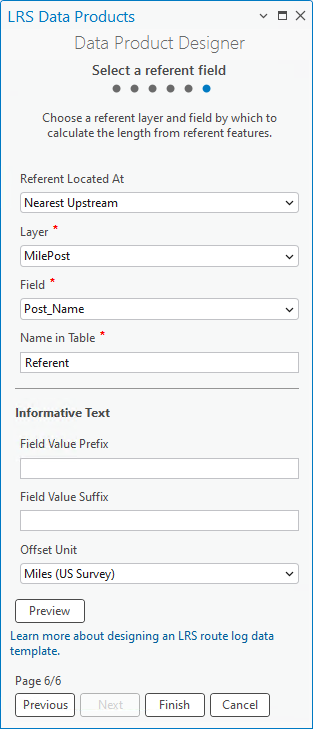 Choose a referent layer and field for a route log template Choose a referent layer and field for a route log template