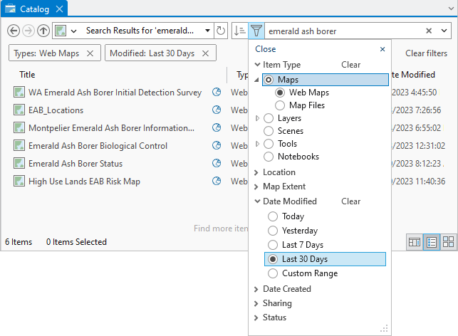 Catalog view showing drop-down options on the Filter button and filtered search results Catalog view showing drop-down options on the Filter button and filtered search results