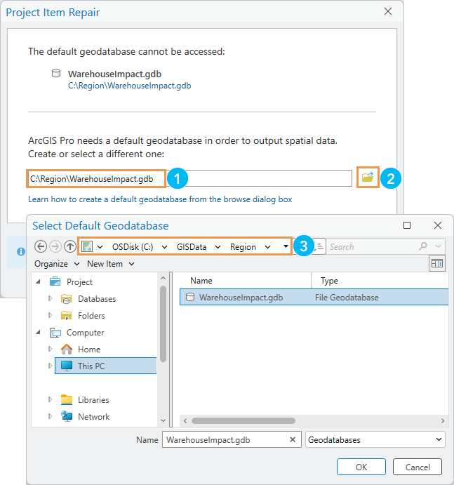 Message prompting you to create or select a different geodatabase Message prompting you to create or select a different geodatabase