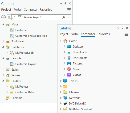 Side-by-side images of the Catalog pane with different tabs selected. Side-by-side images of the Catalog pane with different tabs selected.