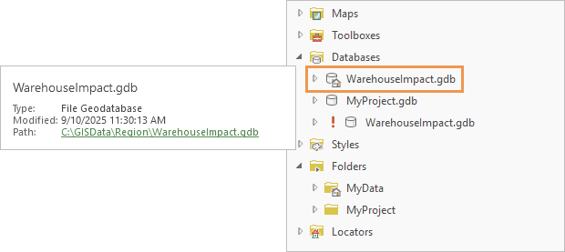 Catalog pane showing the updated path to the default geodatabase Catalog pane showing the updated path to the default geodatabase