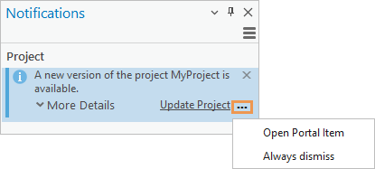 Project update notification in the Notifications pane Project update notification in the Notifications pane