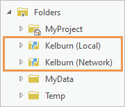 Two folder connections with aliases in the Catalog pane Two folder connections with aliases in the Catalog pane
