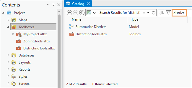 Search results in a catalog view for a search of the Toolboxes container Search results in a catalog view for a search of the Toolboxes container