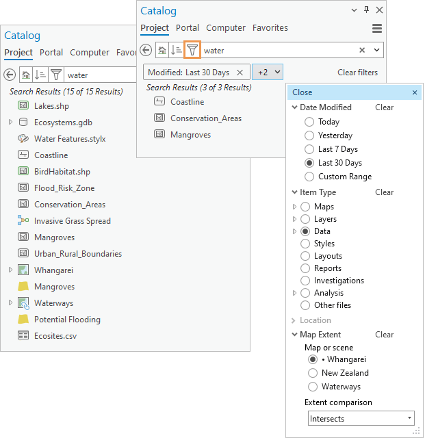 Search results filtered in the Catalog pane Search results filtered in the Catalog pane
