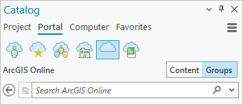 Portal tab in Catalog pane with ArcGIS Online and Groups selected Portal tab in Catalog pane with ArcGIS Online and Groups selected