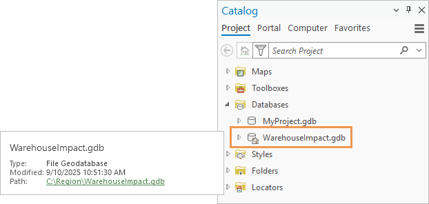 Catalog pane and item pop-up showing default geodatabase path Catalog pane and item pop-up showing default geodatabase path